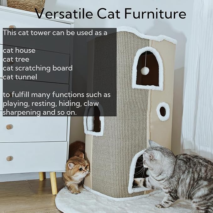 4-Level Cat House for Indoor Cats, Large Adult Cat Peekaboo Cave Bed Cats Cube Houses with Scratch Pad Cat Towers Cute Kitten Condo Hideaway Hut for Multi Pets Under 55 lbs Beige