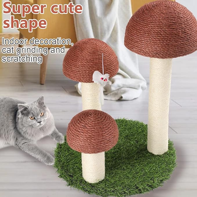 PowerKing Cat Scratching Post, Mushroom Claw Scratching Post for Cat, Natural Sisal Cat Scratchers with 3 Mushroom Pole, Cat Interactive Toys