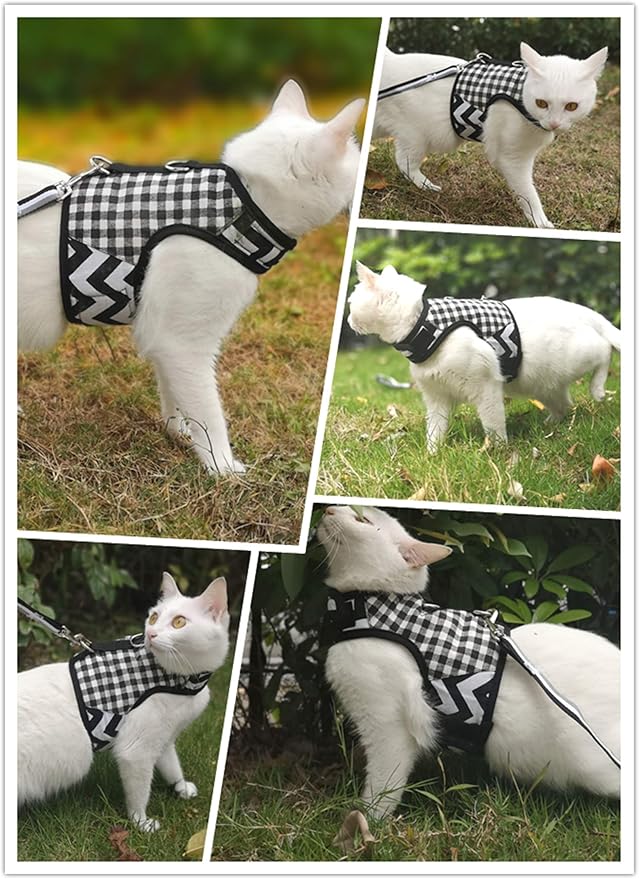 Cat Harness and Leash for Walking Escape Proof, Adjustable Cat Vest Harness, Padded Stylish Cat Walking Jackets, Black Plaid, Extra Large