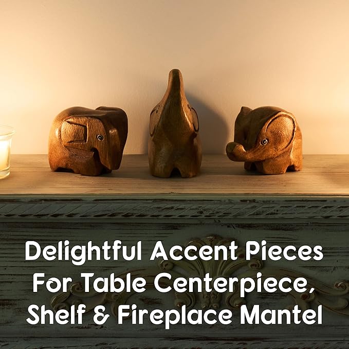 3 Elephant Figurines Centerpiece - Cute Decor and Gifts for Women - Wood Statue Home Sculpture - Bathroom and Office Decorations