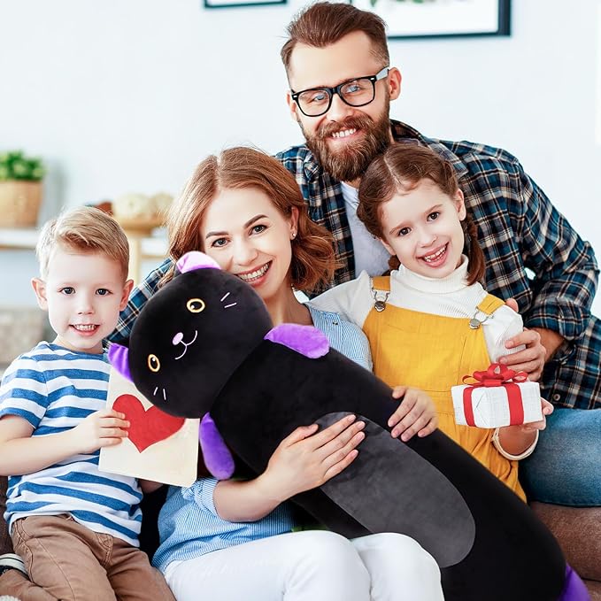 22” Long Cat Plush Body Pillow, Cute Black Cat Stuffed Animals, Lucky Kitty Squishy Soft Plushies Toy, Gifts for Kids Girls and Boys, Birthdays ﻿Easter