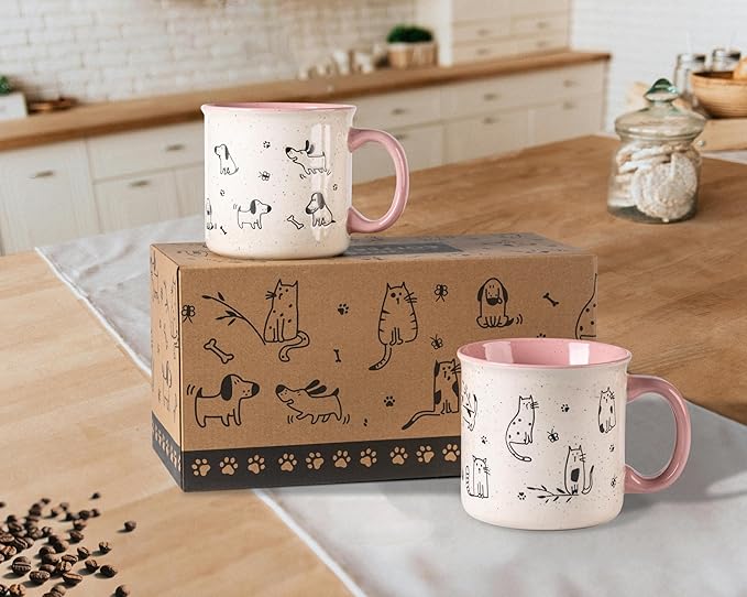 AmorArc 22 OZ Large Ceramic Coffee Mugs Set of 2, Oversized Mugs With Big Handle for Men Women Dad Mom, Big Mug With Textured Dogs Cats Patterns for Office & Home -Microwave Safe, 2 Pcs-Pink
