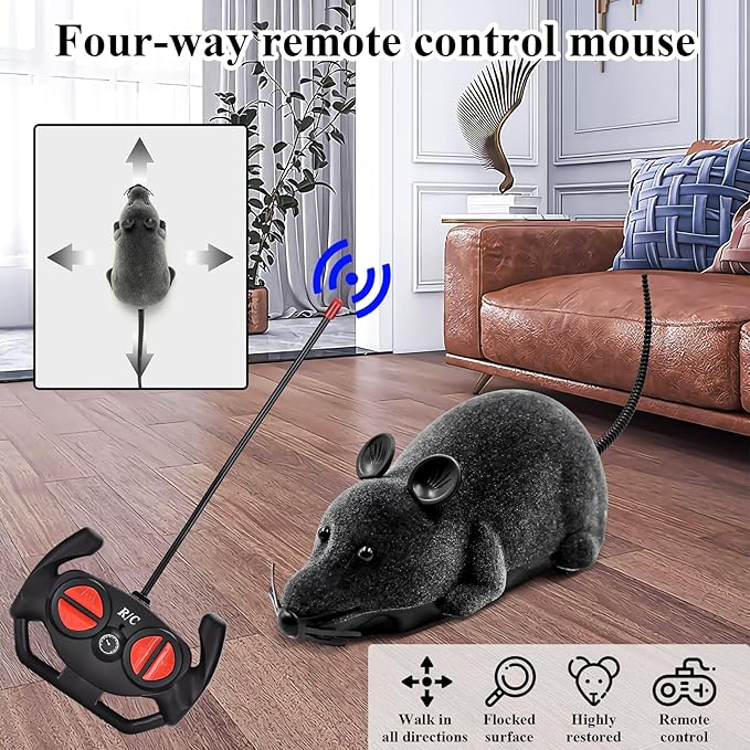 Aerbee Remote Control Rat Toy, Electronic RC Mouse Toy Emulation Flocking Rat Toy Interactive Cat Toys Pet Toys Funny Wireless Chasing Prank Joke Scary Trick Rats Animal for Pets Novelty Gift