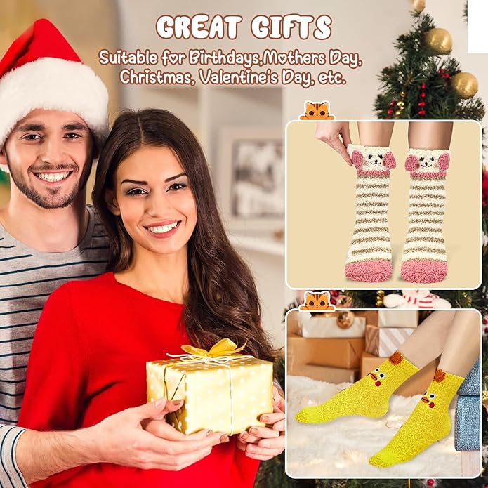 3-6 Pairs Womens Fuzzy Socks Cozy Fluffy Slipper Socks Cute Soft Cat Animal Winter Warm Sleep Socks Gifts