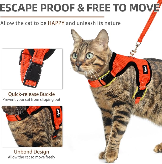PUPTECK Cat Harness and Leash Set Escape Proof, Reflective Adjustable Soft Mesh Kitten Vest Harness for Walking Travel, Orange, M