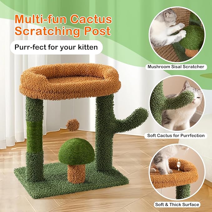 Cactus Cat Scratching Posts for Indoor Cats, Sisal Cat Scratcher with Play Ball, 20”Small Cat Tree Tower and Mushroom Scratch Post for Kitten, Green