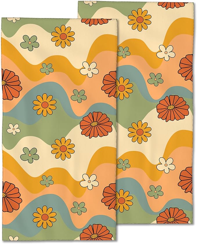 2 Pack Hand Bath Towel,Retro 70s Groovy Flower Hippie Fingertip Towel Bathtub Decorative Bath Towel Bathroom Kitchen Towel Set Highly Absorbent SPA Gym Towels 14x28 Inch