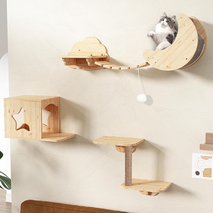 Cat Wall Shelves 7PCS Set for DIY Solid Wood Cat Star Houses & Condos Cat Perches Cat Scratching Post Cat Bridge for Kitty & Kitten Modern Cat Tree