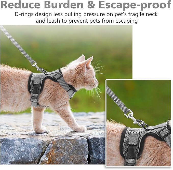 Dooradar Cat Harness and Leash Set, Escape Proof Safe Adjustable Kitten Vest Harnesses for Walking, Easy Control Soft Breathable Mesh Jacket with Reflective Strips for Cats, Grey, S