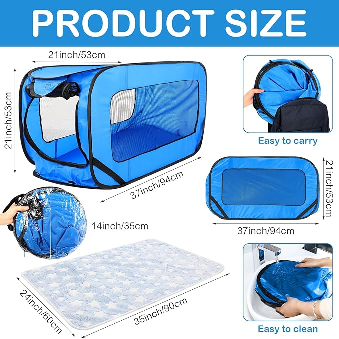 37 Inch Portable Cat Dog Crate with Mat Liner Pop up Dog Kennel Pet Tent Car Seat Travel Kennel Bed for Indoor Outdoor Waterproof Pet Crate Cage for Large Cat Medium Puppy Camping(Blue)