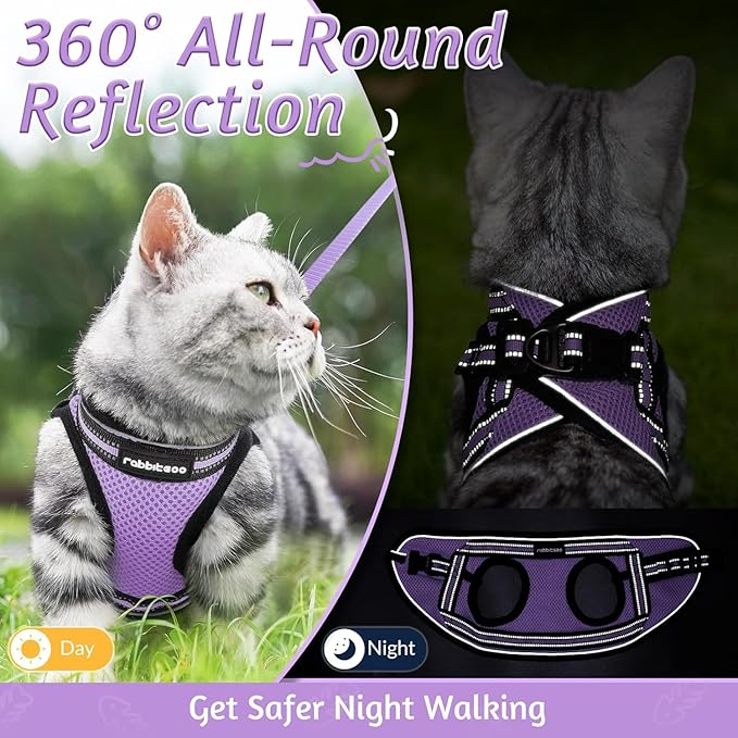 rabbitgoo Cat Harness and Leash Set for Walking Escape Proof, Adjustable Soft Kittens Vest with Reflective Strip for Cats, Comfortable Outdoor Vest, Light Purple, XL