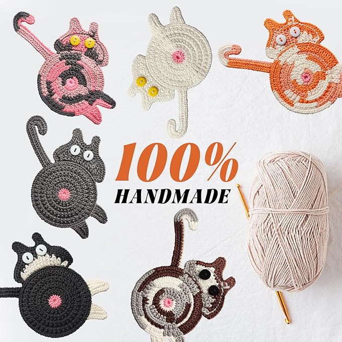 8Pcs Drink Coasters Cute Cat Design Coaster Funny Crochet Mug Coaster, Absorbent Hand Woven Drink Mat for Decoration, Lovers Gifts for Women Drink Cup Non-Slip Heat-Resistant (8Pcs)