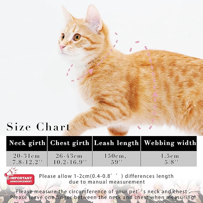 Cat Harness and Leash Set, Adjustable Kitten Harness Escape Proof Cats Harness, Soft Lightweight Walking Travel Pet Harness, Cute Kitty Harness Leash Set for Small Medium Cats, Light Pink