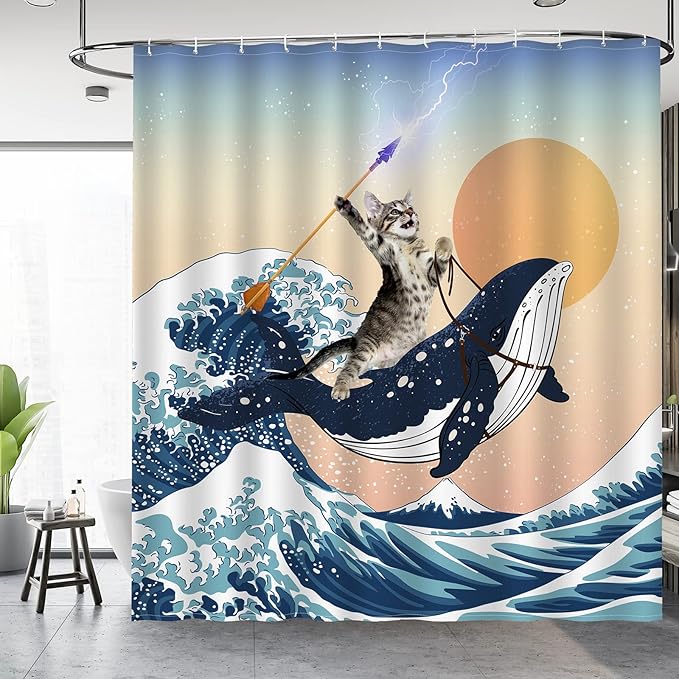 Aimego Extra Long Shower Curtain - Funny Cute Cat Riding Shark in Ocean Wave, Whale Cat Fabric Cloth Fun Bath Shower Curtain Set with 12 Hooks for Bathroom Decor Bathtub Curtain, 72"x84"