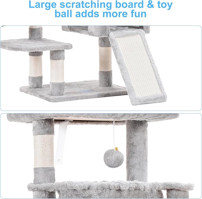 Hey-brother Cat Tree, Cat Tower for Indoor Cats, Cat House with Large Padded Bed, Cozy Condo, Hammocks, Sisal Scratching Posts, Big Scratcher, Light Gray MPJ006SW