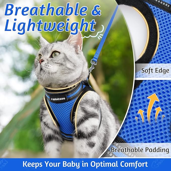 rabbitgoo Cat Harness and Leash Set for Walking Escape Proof, Adjustable Soft Kittens Vest with Reflective Strip for Cats, Comfortable Outdoor Vest,Blue,L