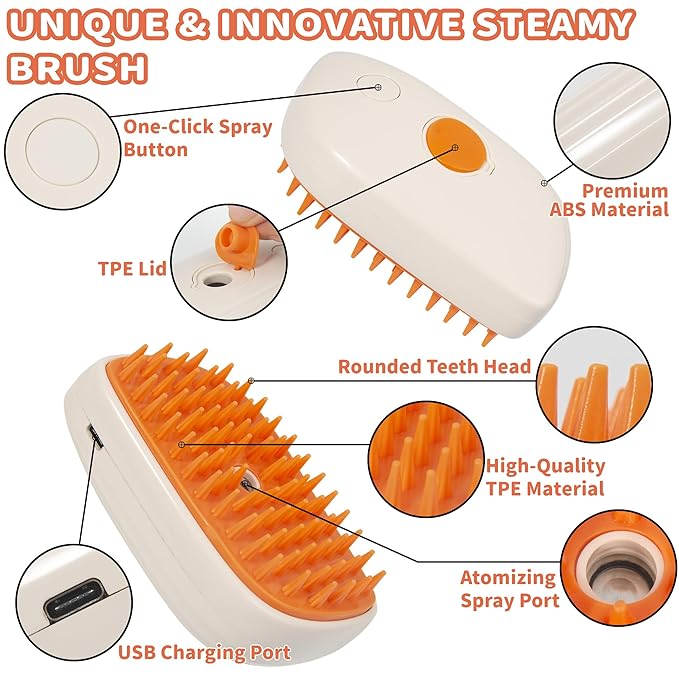 3 in 1 Steam Cat Hair Brush: Spray, Massage and Bath Cleaning for Dogs and Cats, Soft Silicone Brush for Hair Removal, Self-Cleaning Feature for Easy Use