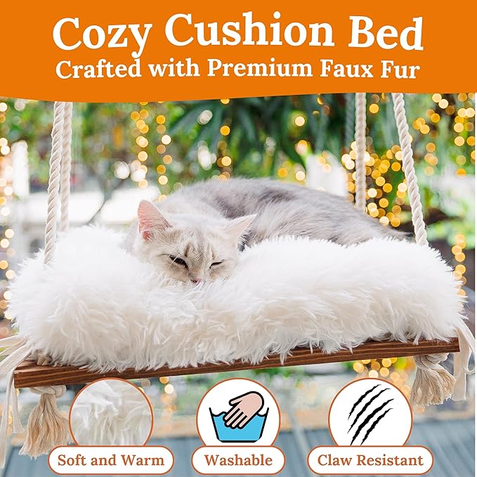 Cat Window Perch - Cat Hammock for Window - Solid Wood Seat & Strong Suction Cups - Furry Cat Window Bed & Furniture for Cats Inside - Fluffy Hanging Window Shelf for Small Medium Indoor Cats