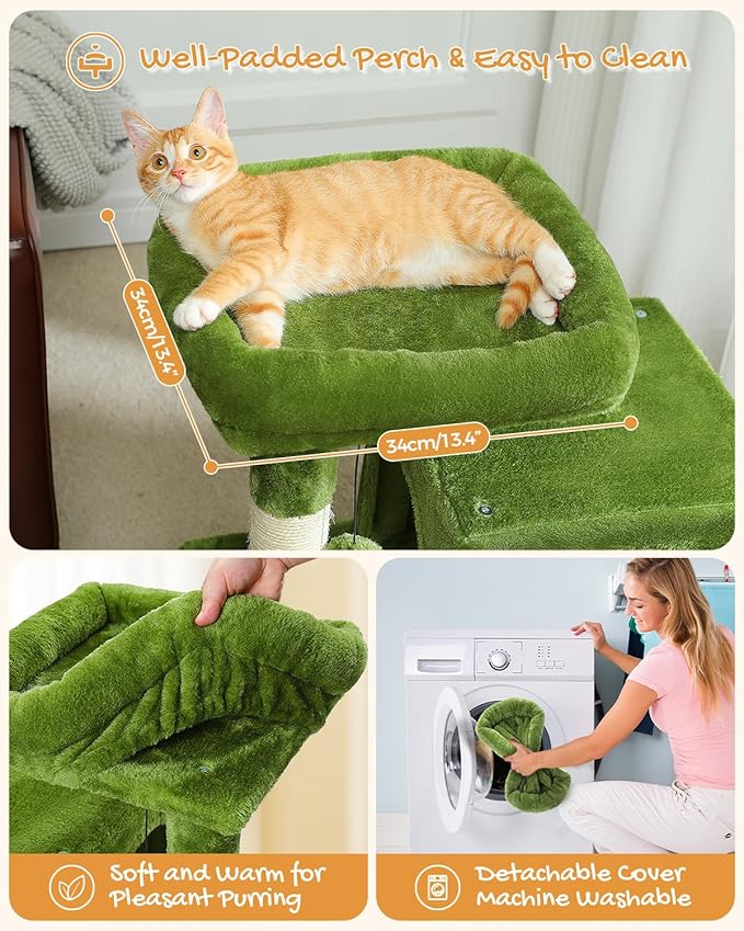 PAWZ Road Cat Tree, 30 Inches Cat Tower with Dual Condos for Indoor Cats, Plush Cat House with Padded Perch, Scratching Ramp and Posts and Replaceable Balls-Green