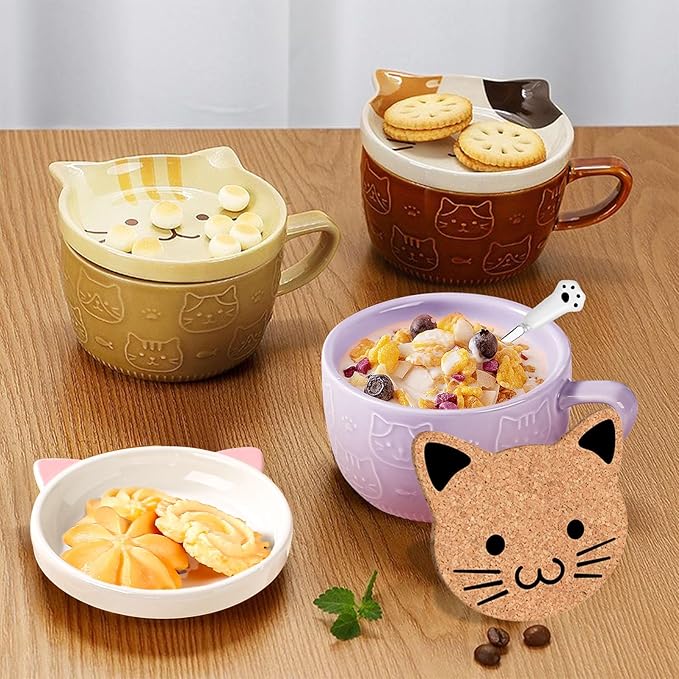 2PCS Cute Mug Kawaii cat Tea Cup Ceramic Coffee Mug with lid,Tea Cups and Saucers for Dessert Tea Mug Cute Gifts Cat lover gifts for women Anime gifts for women Christmas Gifts 10oz (Pink +Purple)