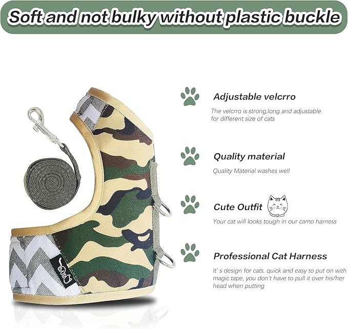 Cat Harness and Leash Set for Walking Escape Proof, Adjustable Cat Vest Harness, Padded Stylish Cat Walking Jackets, Camo Green, Large