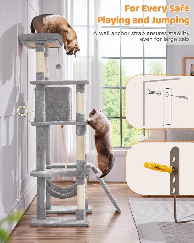 Yaheetech Cat Tree, Multi-Level Cat Tower for Indoor Cats, 63in, Condo Furniture with Scratching Posts, Large Top Perch, Hammock, Tall Cat Climbing Stand for Cat Play