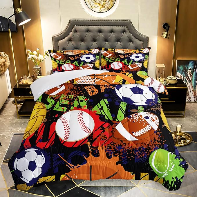 AILONEN Football Comforter Set for Teen Boys, Sport Bed in a Bag Bedding Sets,Basketball Theme Quilted Duvet Full Size for Boys,1 Comforter 2 Pillowcases 3 Piece