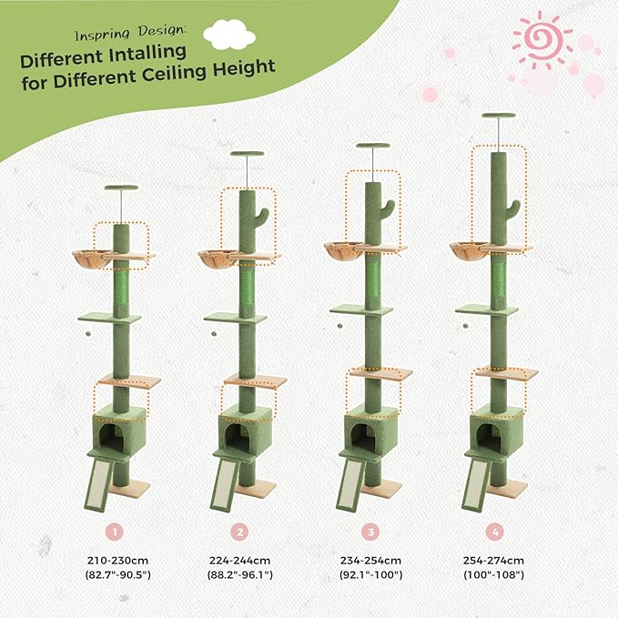 PETEPELA Floor to Ceiling Cat Tree, Cat Tower 5 Tiers Tall (83-108 Inches) Adjustable Height, Cat Climbing Tree Featuring with Cat Condo, Cat Scratching Post and Cat Perches for Indoor Cats, Green