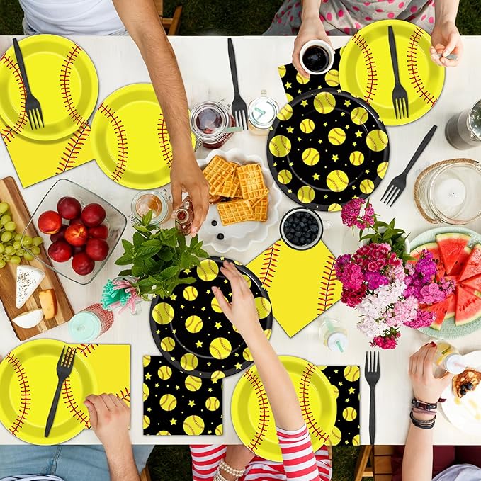 96Pcs Softball Birthday Party Supplies: 24 Servings - Black & Yellow Softball Tableware Set - Plates, Napkins, Forks - Sports Theme Party Kit
