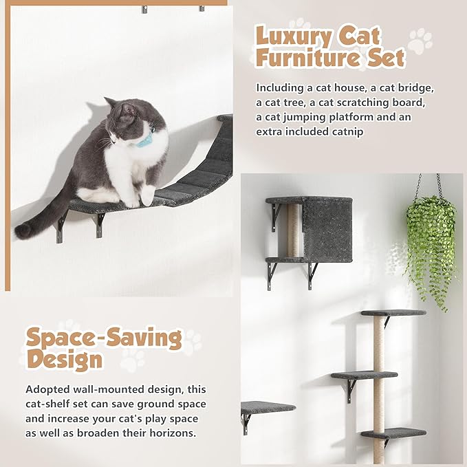 COZIWOW Cat Wall Shelves, Wall-Mounted Cat Climber Set of 5, Floating Cat Perches, Hanging Cat Beds, Modern Cat Furniture for Large Cats or Kitty (Grey)