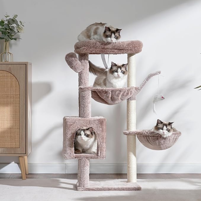Heybly Cat Tree, 39.4 Inches Tower Condo with Scratching Post, Cat Tower for Indoor Cats, Fully Wrapped Sisal Pole, Soft Platform, 2 Baskets and Dangling Toy, Muchroom HCT006SMU