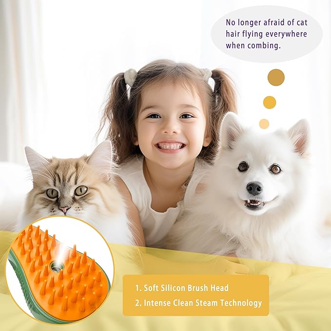 3 in 1 Self-Cleaning Steam Brush for Cats, Dogs, and Pets - Grooming Tool for Removing Tangled and Loose Fur (Green Avocado)