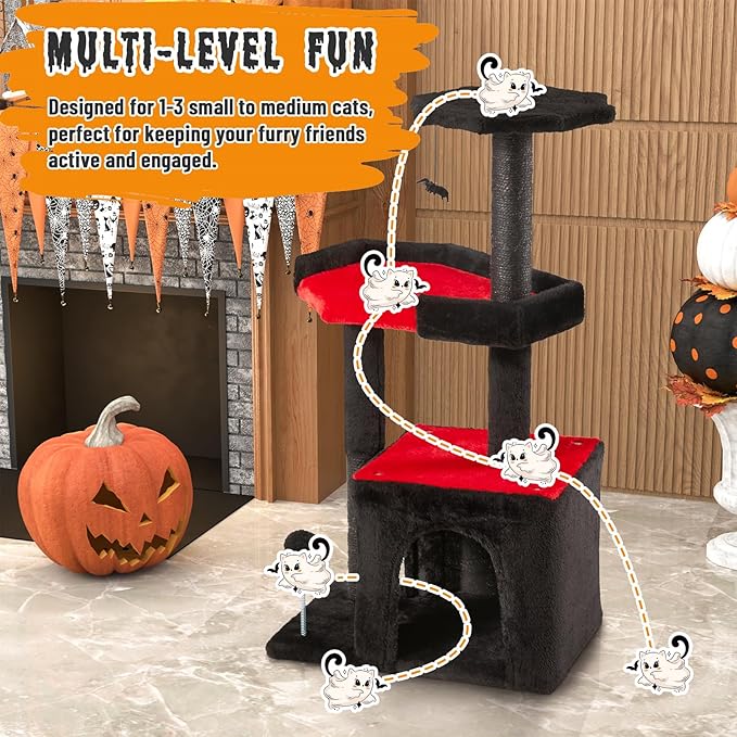 Erinnyees Gothic Cat Tree, Black Cat Tower for Indoor Cats, 33.5" Cat Condo with Scratching Post, Coffin Cat Bed, Small Goth Cat Tree with Spooky Ball for Kittens