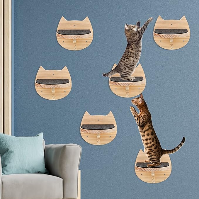 6 Pcs Cat Wall Furniture Wall Mounted Cat Wall Shelves with Scratching Mat Cat Stairs Cat Wall Steps Cat Ladder Cat Climbing Shelves Cat Perch Supplies for Cats Playing Climbing Indoor
