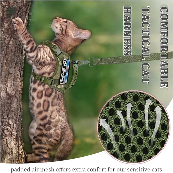 Tactical Cat Harness and Leash for Walking Esacpe Proof,Adjustable Soft Mesh Large Cat Vest with Rubber Handle Easy to Control,Molle Patches