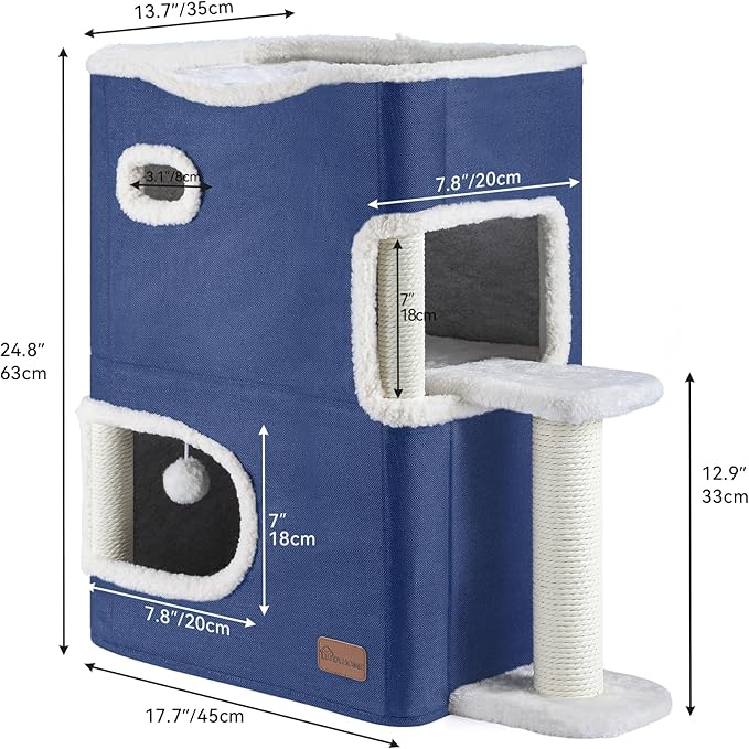 YITAHOME 2-Tier Cat House, Indoor Cat Cave Bed Playhouse, Cat Tunnels with Scratch Pad and Hideaway Cube, Cute Modern Cat Condo Furniture for Multi Small Cats, Extended (Blue)