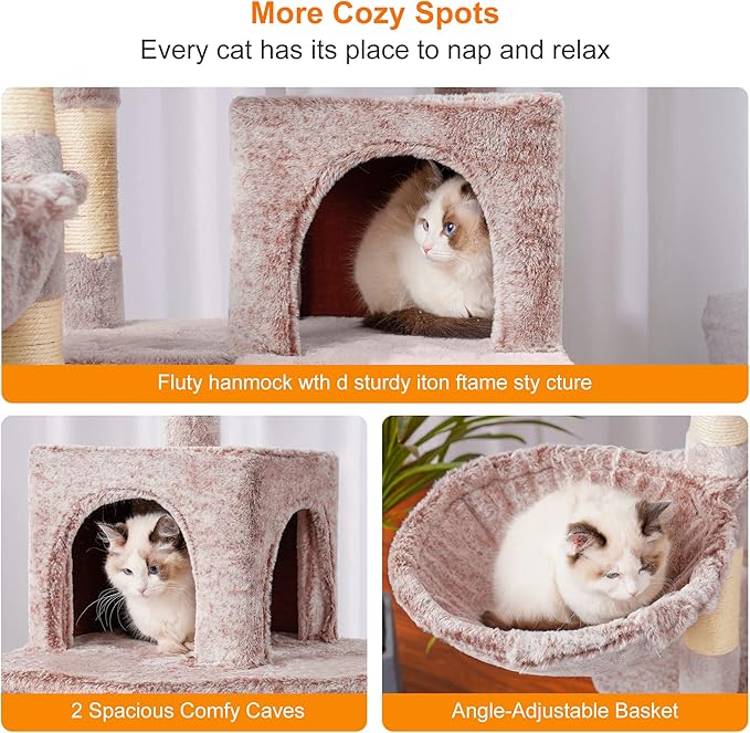 Heybly Cat Tree, 70 inches Tall Cat Tower condo with Toy for Indoor Large Cats, Cat House Furniture with Padded Plush Perch, Cozy Hammock and Sisal Scratching Posts,Muchroom HCT032MU