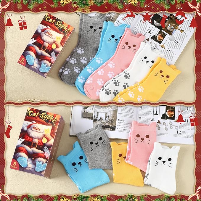 5 Pcs Women's Cat Socks Christmas Stocking Stuffers for Women Funny Christmas Gift Box White Elephant Gift Exchange Ideas for Teenage Girls Girlfriend Animal Lovers