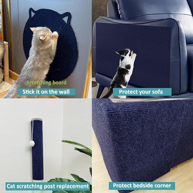 Cat Scratch Furniture Protector，78.7"x15.8"Cat Scratching Mat,Trimmable Self-Adhesive Cat Couch Protector,cat Wall Scratcher,Pad Replacement for Cat Tree Shelves and Post(Navy Blue)