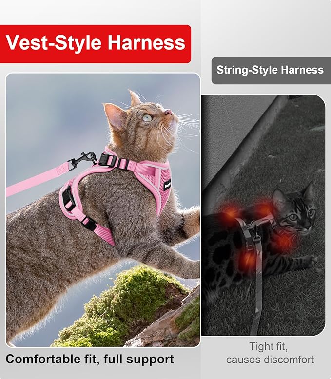 Cat Harness and Leash for Walking Escape Proof Soft Adjustable Cat Leash Breathable Comfortable Vest Easy to Wear Kitten Harness for Outdoor Travel Pink S