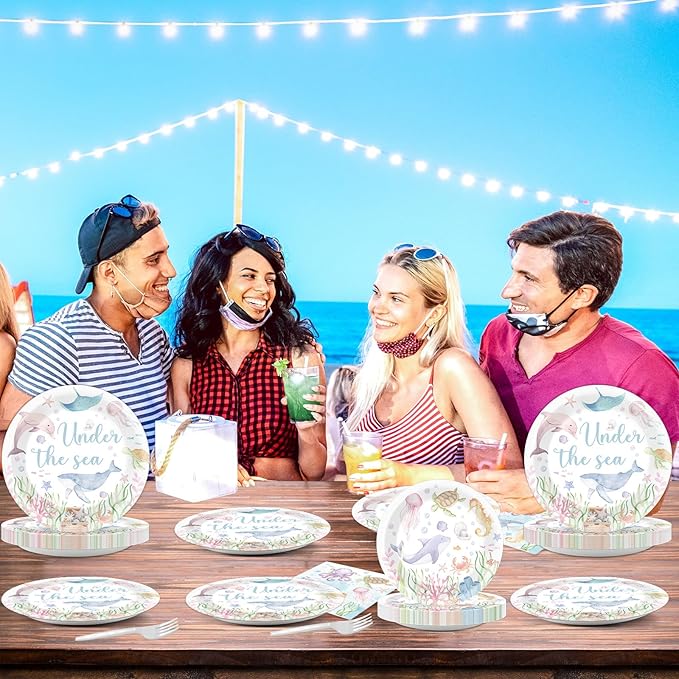 96 Pcs Under the Sea Party Decorations Ocean Plates and Napkins Sea Turtle Theme Tableware Set Decor Party Supplies for Birthday Wedding Baby Shower Sea Animal Party Favors for 24 Guests