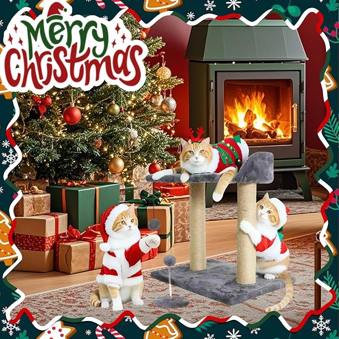 Barelove Cat Scratching Post Tower, Tall Cat Scratch Post, Natural Sisal Rope Scratcher Posts Refill for Indoor Cats, Carpet Cat Scratching Post with Replaceable Toys, Sturdy Base (Grey)