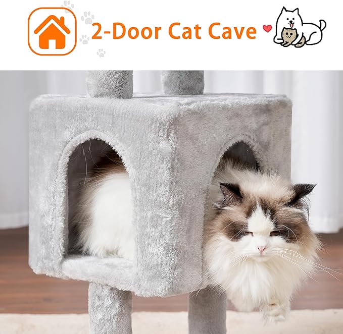 Heybly Cat Tree, 39.4 Inches Tower Condo with Scratching Post, Cat Tower for Indoor Cats, Fully Wrapped Sisal Pole, Soft Platform, 2 Baskets and Dangling Toy, Light Gray HCT006SW