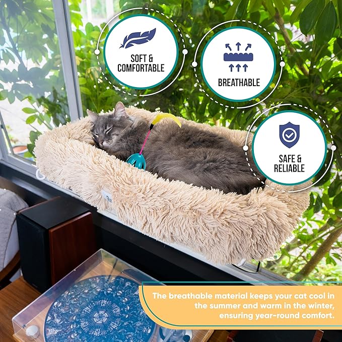 HIPCAT Cat Window Perch with Free Cat Toy - Cat Bed - Comfy Cat Hammock - Cat Shelf - Extra Strong Suction with Cordless Sturdy Metal Frame - Holds Medium & Large Cats - (Beige)