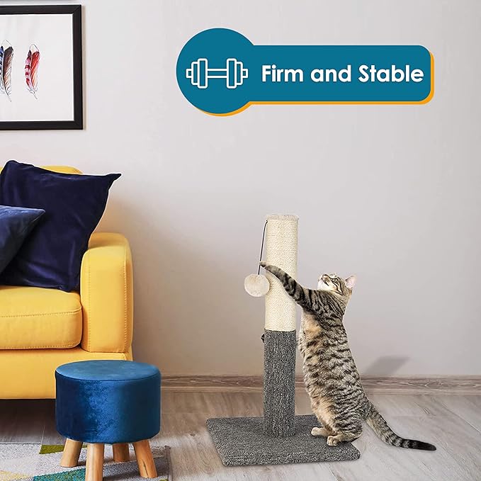 PAWBEE 20" Tall Cat Scratching Post for Indoor Cats - Durable Sisal Rope Scratcher Pole with Playful Hanging Ball - Ideal Cat Tower Alternative for Kittens and Large Cats - Sturdy Cat Scratchers