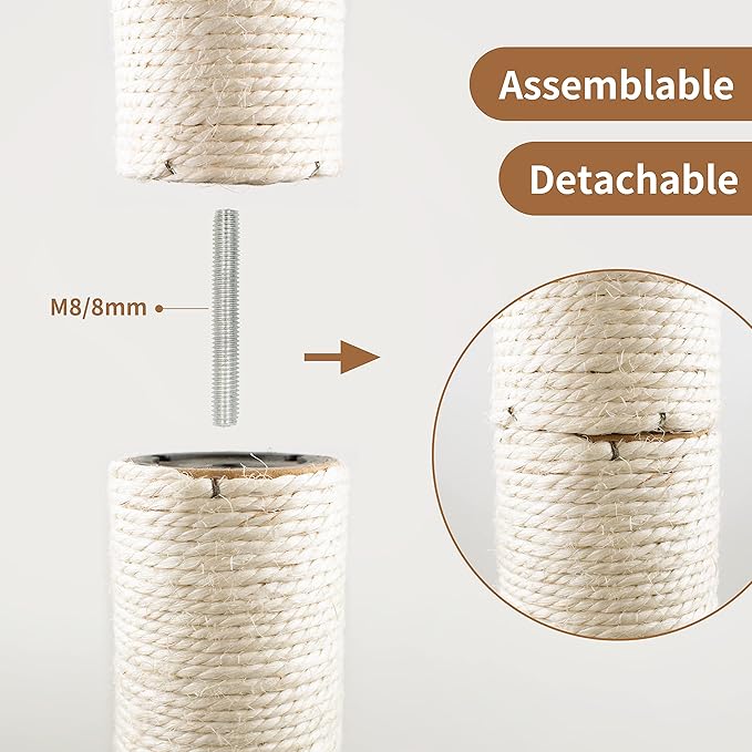 15" Cat Scratching Replacement Posts Natural Sisal Scratcher Post for Cats Cube Tower Kittens Scratch Pole Perch Interactive Toys Furniture Accessories Deterrent Tree 2 Pack Include M8 Screws White