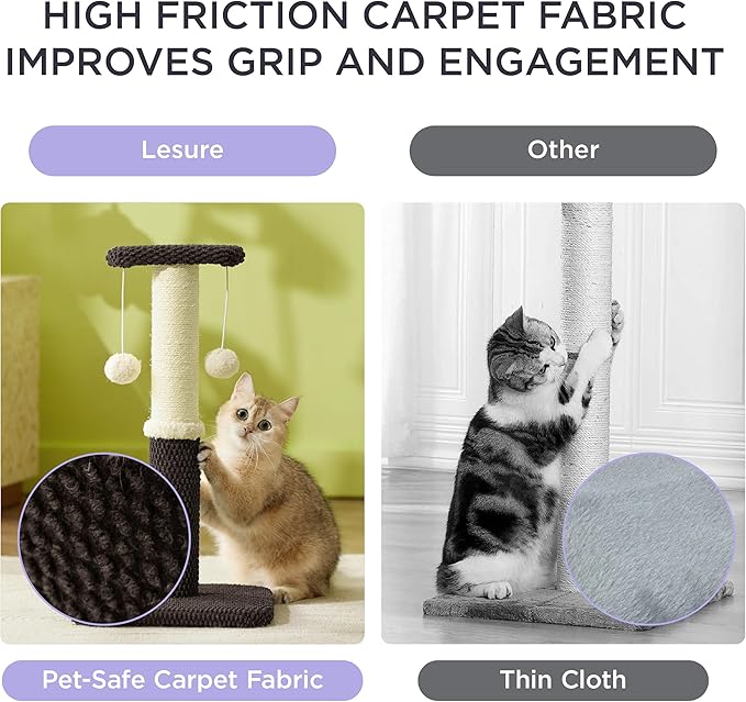 Lesure Cat Scratching Post for Indoor Cats - Highly Resistant Carpet Scratch Posts, Premium Sisal Rope Scratch Posts for Kittens, Sturdy Small Cat Scratch Pole with Hanging Ball, Brown(22.5 inch)