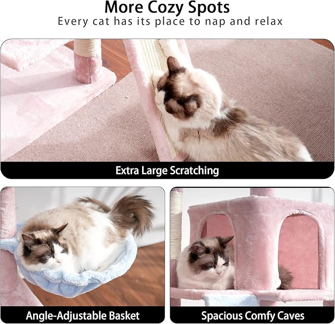 Heybly Cat Tree, Cat Tower for Indoor Cats,Multi-Level Cat Furniture Condo for Cats with Padded Plush Perch, Cozy Basket and Scratching Board,Blue and Pink HCT014BP