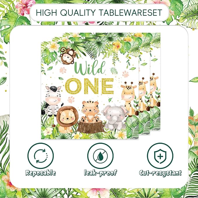 48Pcs Wild One Birthday Decorations Jungle Safari Theme Tableware Set Wild Animals Disposable Plates Napkins Forks Serves 16 Safari Baby Shower Decorations