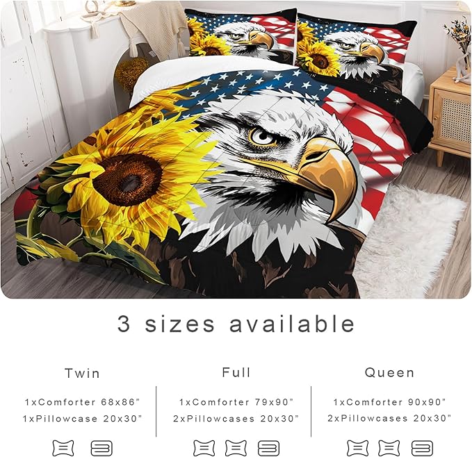 American Flag Comforter Full: Bald Eagle Bedding Set Sunflower USA Flag Quilt for Kids Teens Boys Adults Men US Stars Stripes Eagle Bed Sets 1 Comforter & 2 Pillowcases